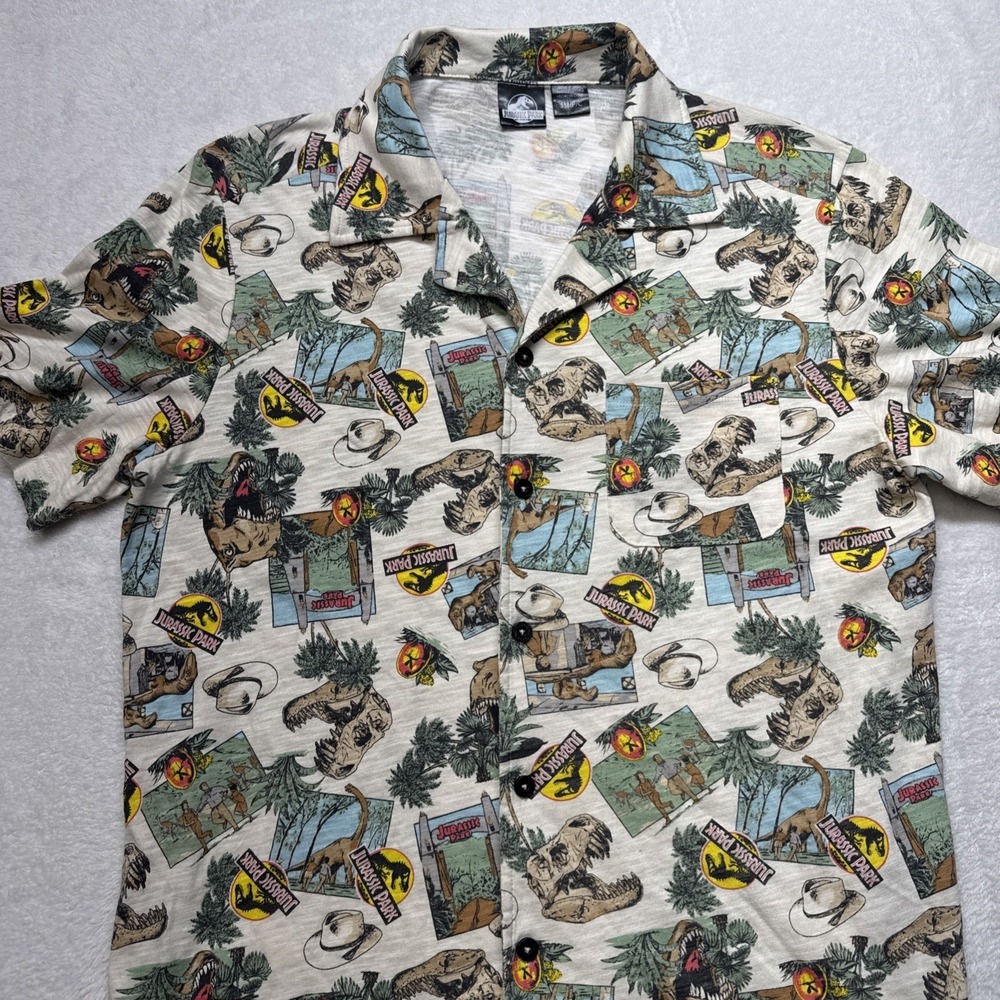 Jurassic Park Men's Small Hawaiian Button Up Short-Sleeve Shirt Dinosaur Theme